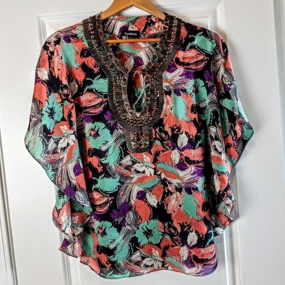 Bebe Metal Embellished Flutter Sleeve Silk Top - Picture 1 of 7